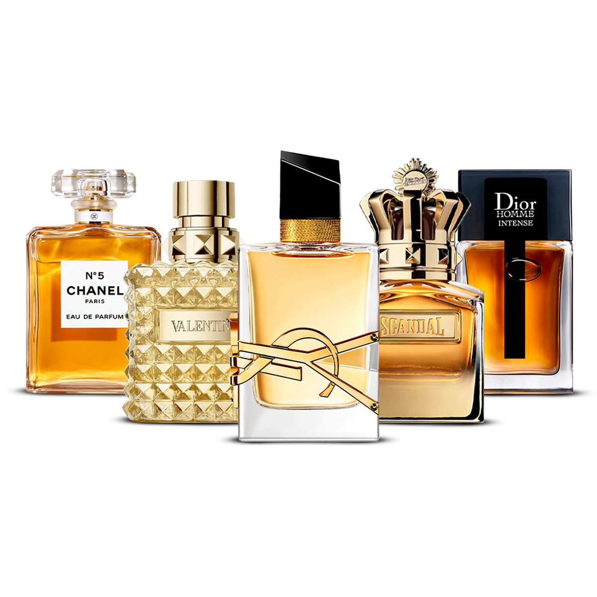 Set de 5 Perfumes – Chanel Nº5, Valentino Uomo, Yves Saint Laurent Libre, Scandal Pour Homme i Dior Homme Intense [100 ml cada uno]